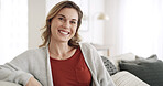 Portrait, woman and relax with smile at house for peace, start day and comfortable of weekend break. Happy, female person and chilling on couch for free time, cozy homeowner and unwind for wellness