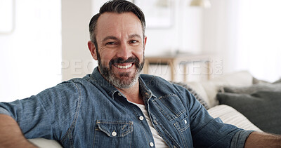 Buy stock photo Happy, man and rest with portrait at house for peace, start day and comfortable of weekend break. Mature male person, smile and chilling on couch for free time, cozy homeowner and unwind for wellness