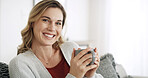 Portrait, house and woman with coffee, smile and relax on couch, happiness and comfort in living room. Apartment, morning and person on sofa, espresso and mug with herbal tea, cozy and caffeine