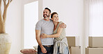 New home, happy and couple hug for moving, property investment and mortgage. Man, woman and embrace for real estate with relocation, love and bonding together for support with partner in dream house