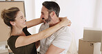 New home, smile and couple hug for real estate, property investment or mortgage. Happy man, woman and embrace for moving with relocation, love or bonding together with partner laughing in dream house