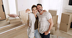 Portrait, excited and couple with keys, new house or happiness for mortgage approval and investment. Man, affection and bonding with woman in lounge, moving and purchase of home with loan and bond