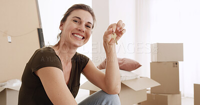 Buy stock photo Happy woman, boxes and portrait with keys in property for investment, purchase or new home. Excited, female person or homeowner with smile, access or packages for fresh start, house or apartment sale