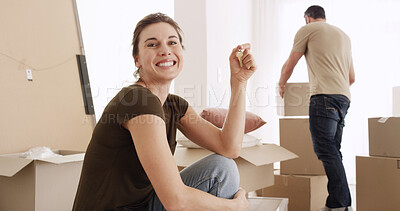 Buy stock photo Happy woman, moving in and key to new home for real estate ownership, investment or rent. Smile, couple and people with property access for relocation, mortgage and sale together with portrait