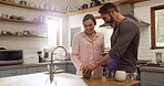 Happy couple, morning and breakfast with coffee in kitchen for start or begin day together in home. Man, woman or getting ready with smile, help or cup for love, caffeine beverage or drink in house