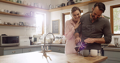 Buy stock photo Happy couple, hug and coffee preparation in kitchen to start day, support and morning routine. Love, mature people and hot beverage in home with embrace for bonding together, brain energy or dopamine