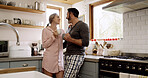 Laugh, smile and couple with coffee in kitchen for bonding, connection or conversation together. Love, drinking and man with woman for morning, caffeine beverage and communication or chat in home