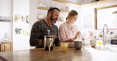 Buy stock photo Cereal, happy couple and eating breakfast for health, nutrition and diet with partner in kitchen. Hungry, man and woman with morning meal or enjoy food together with happiness for love in home