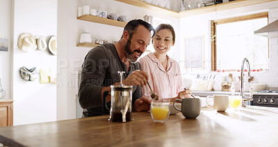 Buy stock photo Cereal, happy couple and eating breakfast for nutrition, health or diet with partner in kitchen. Hungry, man and woman with morning meal, bonding or enjoy food together with love in home for wellness