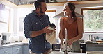 Home, washing dishes and couple in kitchen, smile and relationship with conversation. Apartment, happy man and woman with hygiene, routine and discussion with support, cleaning and remove bacteria