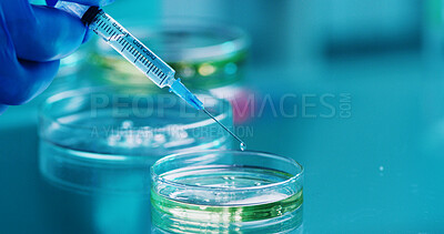 Buy stock photo Scientist, person and needle with petri dish for biology, experiment and medical research. Biotech, laboratory and development with liquid sample study, pharmaceutical or pathology process with space