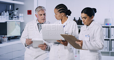 Buy stock photo Scientist, people and technology with clipboard for chemistry, experiment and medical research. Biotech, laboratory and team with laptop, tablet and pharmaceutical testing or pathology process