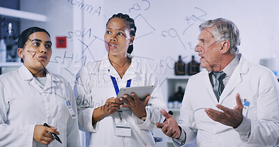 Buy stock photo Glass board, chemistry and people with tablet, laboratory and medical research with results. Feedback, science and employees in workplace, biotech and cooperation with discussion, experiment and test