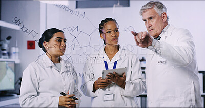 Buy stock photo Glass board, molecules and people with tablet, lab or medical research with innovation. Conversation, science or employees with biotech, results or cooperation with feedback for experiment or formula