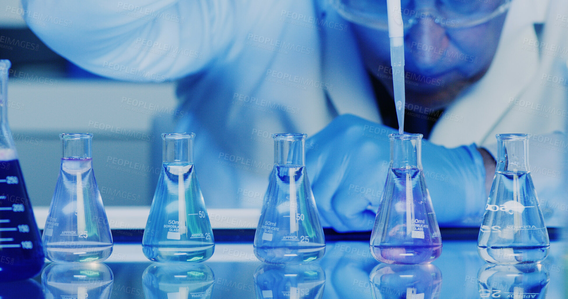 Buy stock photo Scientist, man and chemical beaker with pipette for chemistry, experiment and medical research. Biotech, laboratory and person with liquid study for pharmaceutical testing or pathology process