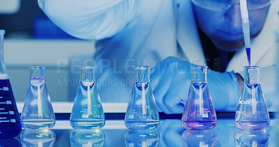 Buy stock photo Chemical, beaker and pipette with hands of man in lab for forensic pathologist, research or sample analysis. Toxicology exam, medical study and liquid with scientist and dropper for drug screening
