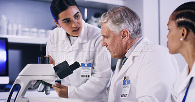 Buy stock photo Microscope, research and team of scientists in laboratory for medical study, breakthrough or experiment. Equipment, healthcare and group of biologists with pharmaceutical development for innovation.