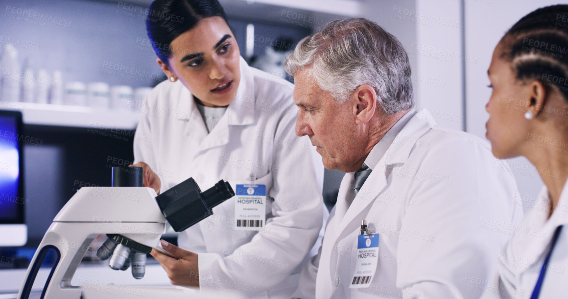 Buy stock photo Microscope, research and team of scientists in laboratory for medical study, breakthrough or experiment. Equipment, healthcare and group of biologists with pharmaceutical development for innovation.