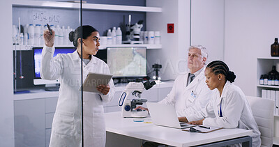 Buy stock photo Glass board, chemistry and people with tablet, discussion and medical research with results. Writing, science and employees in lab, biotech and team with feedback for experiment, formula and explain