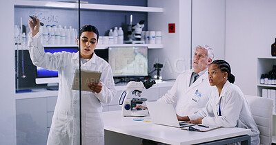 Buy stock photo Woman, scientist and writing on glass in lab for planning, equation and formula for experiment. People, notes and tablet for research, team brainstorming and medical information for vaccine structure