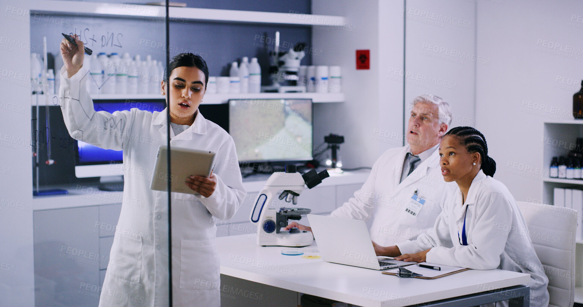 Buy stock photo Woman, scientist and writing on glass in lab for planning, equation and formula for experiment. People, notes and tablet for research, team brainstorming and medical information for vaccine structure