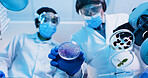People, scientist and mixture in petri dish in lab for testing sample, experiment and research. Below, team and purple liquid for chemical reactions, medical study and pathogen detection for medicine