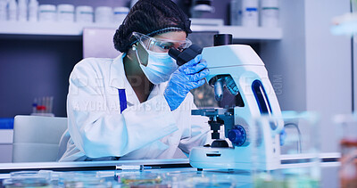 Buy stock photo Woman, scientist and check with microscope in lab for research, medical experiment and testing dna. Female person, face mask and sample analysis, genetic engineering and studying virus for biotech