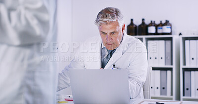 Buy stock photo Medical, search and man in office with laptop, information and review in patient record. Healthcare, analysis and surgeon in clinic with tech, assessment and lab finding for case evaluation.