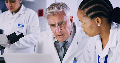 Buy stock photo Scientist, people and discussion with laptop for chemistry, experiment and medical research. Biotech, laboratory and team with technology, results and pharmaceutical testing or pathology process