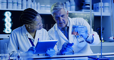 Buy stock photo Scientist, people and chemical beaker with tablet for chemistry, experiment and medical research. Biotech, laboratory and team with liquid study for pharmaceutical testing or pathology discussion