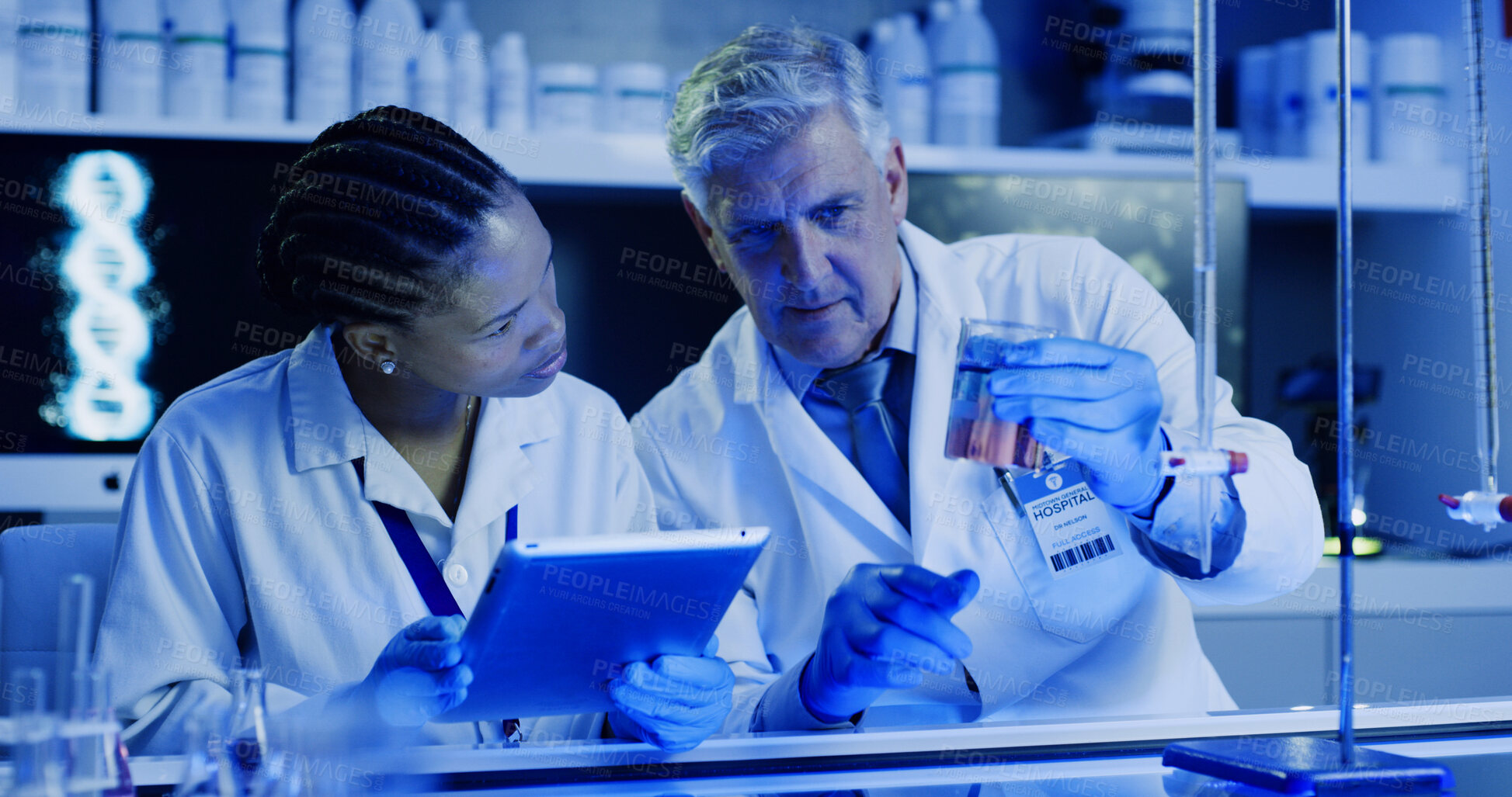 Buy stock photo Scientist, people and chemical beaker with tablet for chemistry, experiment and medical research. Biotech, laboratory and team with liquid study for pharmaceutical testing or pathology discussion