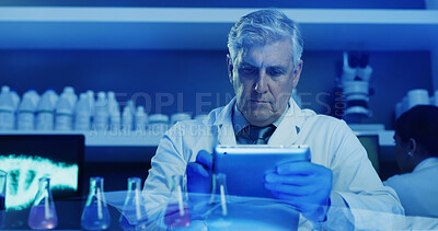 Buy stock photo Scientist, man and chemical beaker with tablet for chemistry, experiment and medical research. Biotech, laboratory and technology with liquid study for pharmaceutical testing or pathology process
