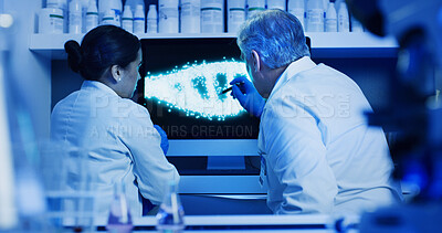 Buy stock photo DNA, scientists and team with monitor in lab, pointing and molecular research for innovation on web. Collaboration, biochemist and people with computer for analysis, screen or genetic engineering