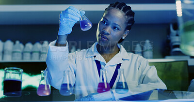 Buy stock photo Laboratory, black woman and scientist with beaker for test, chemical research or DNA experiment. Biochemistry, science and medical chemist with liquid, inspection and cure development with blue light