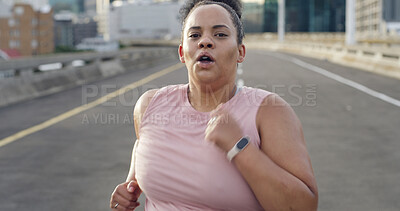 Buy stock photo Running, fitness and plus size woman in city for workout, cardio challenge and health. Weight loss, exercise and wellness with female runner or person outdoor for training, sports and athlete