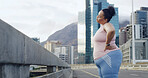 Plus size woman, warm up and stretching in city on bridge for exercise, weight loss and fitness routine. Person, preparation and training in town with neck muscle, breathe and workout in Brazil