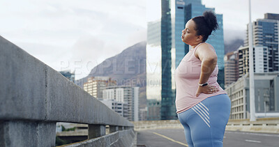 Buy stock photo Plus size woman, warm up and stretching in city on bridge for exercise, weight loss and fitness routine. Person, preparation and training in town with neck muscle, breathe and workout in Brazil