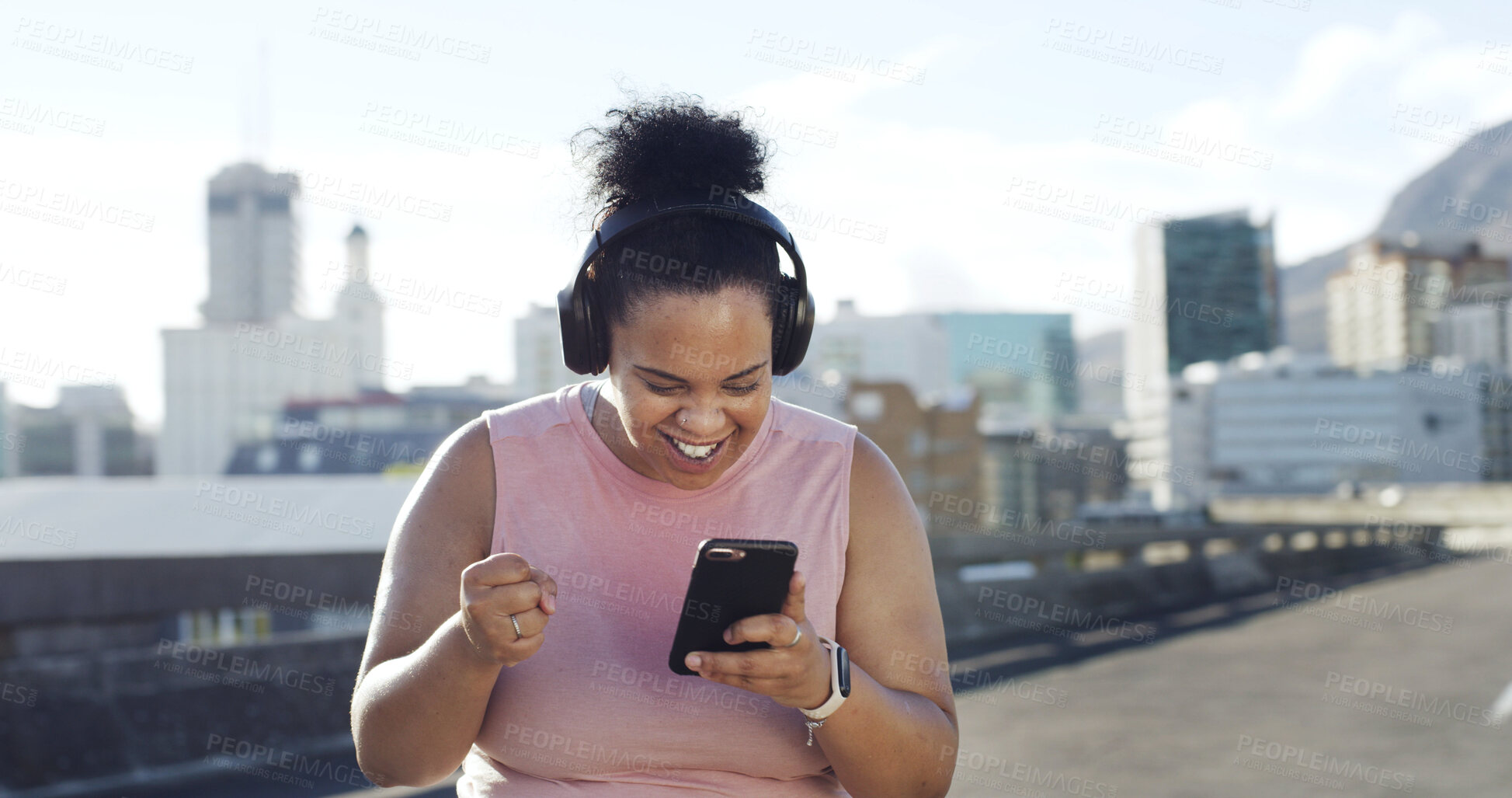 Buy stock photo Happy woman, plus size and winning with phone for fitness challenge or workout goals in city. Excited, female person or smile with mobile smartphone for good news, weight loss achievement or progress