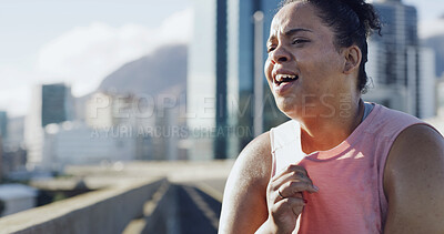 Buy stock photo Woman, fitness and tired from running in city for health, cardio endurance and sweating. Breathing, recovery and plus size runner with intense workout to lose weight, space and exercise from training