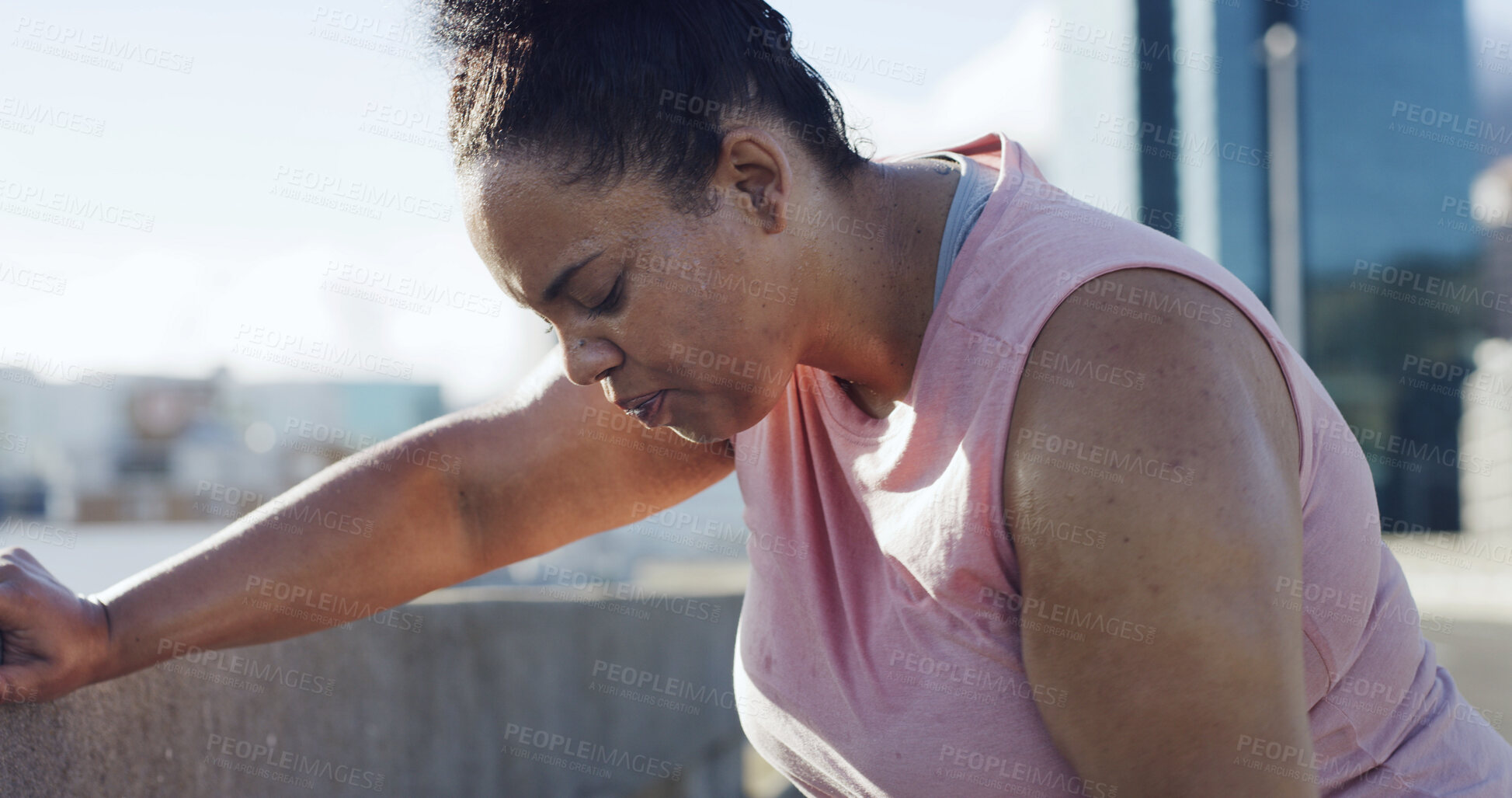 Buy stock photo Fitness, woman and runner with fatigue in city for health, wellness and break for workout recovery. Tired, sports and person rest outdoor, sweating and exhausted from cardio challenge to lose weight