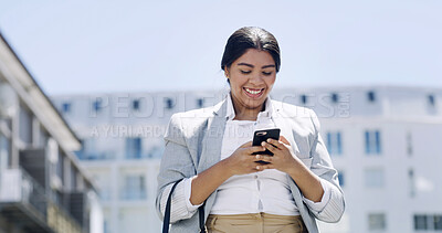 Buy stock photo Business woman, phone and texting in street, smile and low angle with notification for networking. Person, smartphone and happy in city with click on mobile app, social media and commute in Brazil