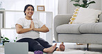 Woman, meditation and namaste in living room with portrait for yoga, mindfulness and laptop in home. Peace, yogi for mental health or awareness with self care, online wellness video and prayer hands