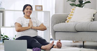 Buy stock photo Woman, meditation and namaste in living room with portrait for yoga, mindfulness and laptop in home. Peace, yogi for mental health or awareness with self care, online wellness video and prayer hands