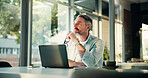 Thinking, laptop and businessman in office with research for finance report with company budget. Technology, ideas and mature male financial manager with computer for investment proposal in workplace