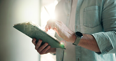 Buy stock photo Hands, office and business man on tablet for finance review, online trading and investment news. Flare, stylus and person on digital tech for financial report, budget planning and fintech website