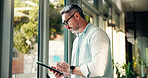 Window, office and business man on tablet for finance review, online trading and investment news. Typing, scroll and person on digital tech for financial report, budget planning and fintech website