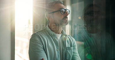 Buy stock photo Business, man and thinking by window in office for startup vision, dream opportunity and insight. Flare, mature person and reflection at work for company development, funding solution and perspective