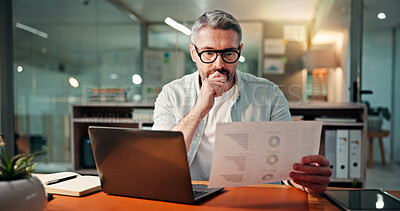 Buy stock photo Thinking, laptop and documents with business man in office for budget research, planning and idea. Profit chart, account review and paperwork with person in agency for finance, balance and vision