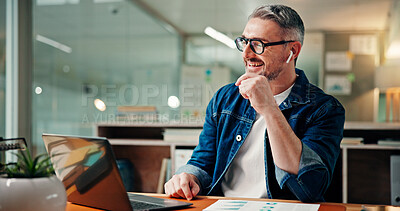 Online reading, graphs and man with laptop, night and documents with internet, investment and email. Mature person, evening and employee in office, pc and charts with trading, report and earphones