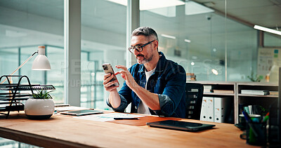 Buy stock photo Reading, phone and scroll with business man in office for social media manager, email and contact. Campaign marketing, web and networking with mature person in creative agency for text message